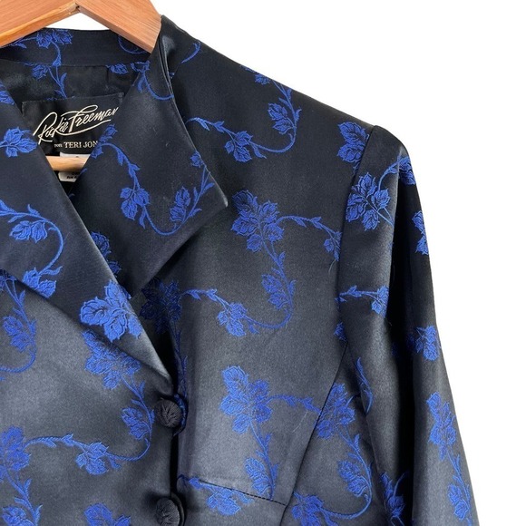 Vintage 80s Floral Jacquard Jacket‎ by Rickie Freeman in Black and Blue, Size 8 - Picture 4 of 11